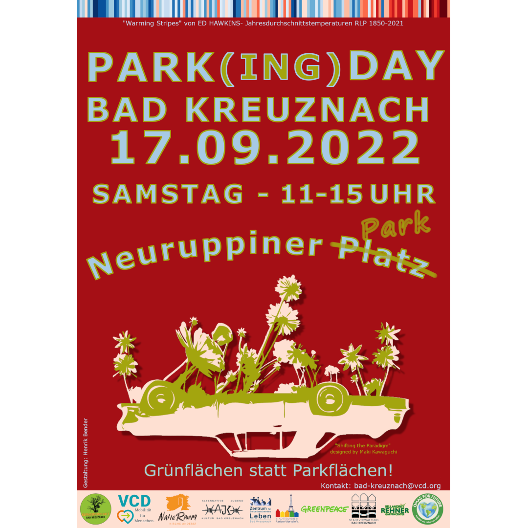 Plakat zum Parking Day 2022 mit allen Infos zum Termin und einem auf dem Dach liegenden Auto, das mit Blumen bewachsen ist.